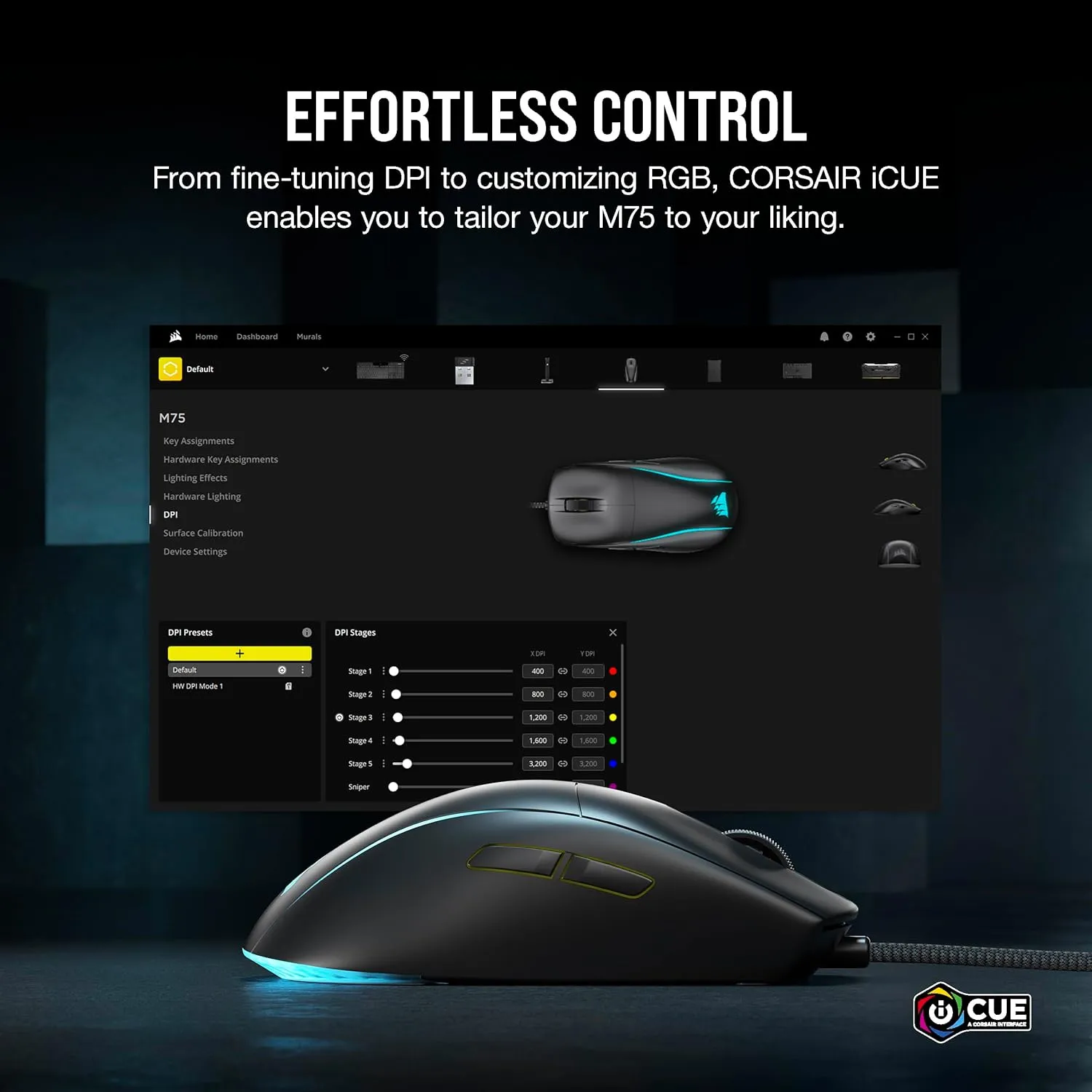 Corsair M75 Wired RGB Lightweight FPS Gaming Mouse – 26,000 DPI – Swappable Side Buttons – PC – Black