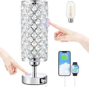 Crystal Touch Lamp with Touch Control, Sliver Table Lamp with USB-C A Ports, 3 Way Dimmable Bedside Lamp Decorative Modern Nightstand Lamp, Bedroom Light for Living Room Side Table(Bulb Included)