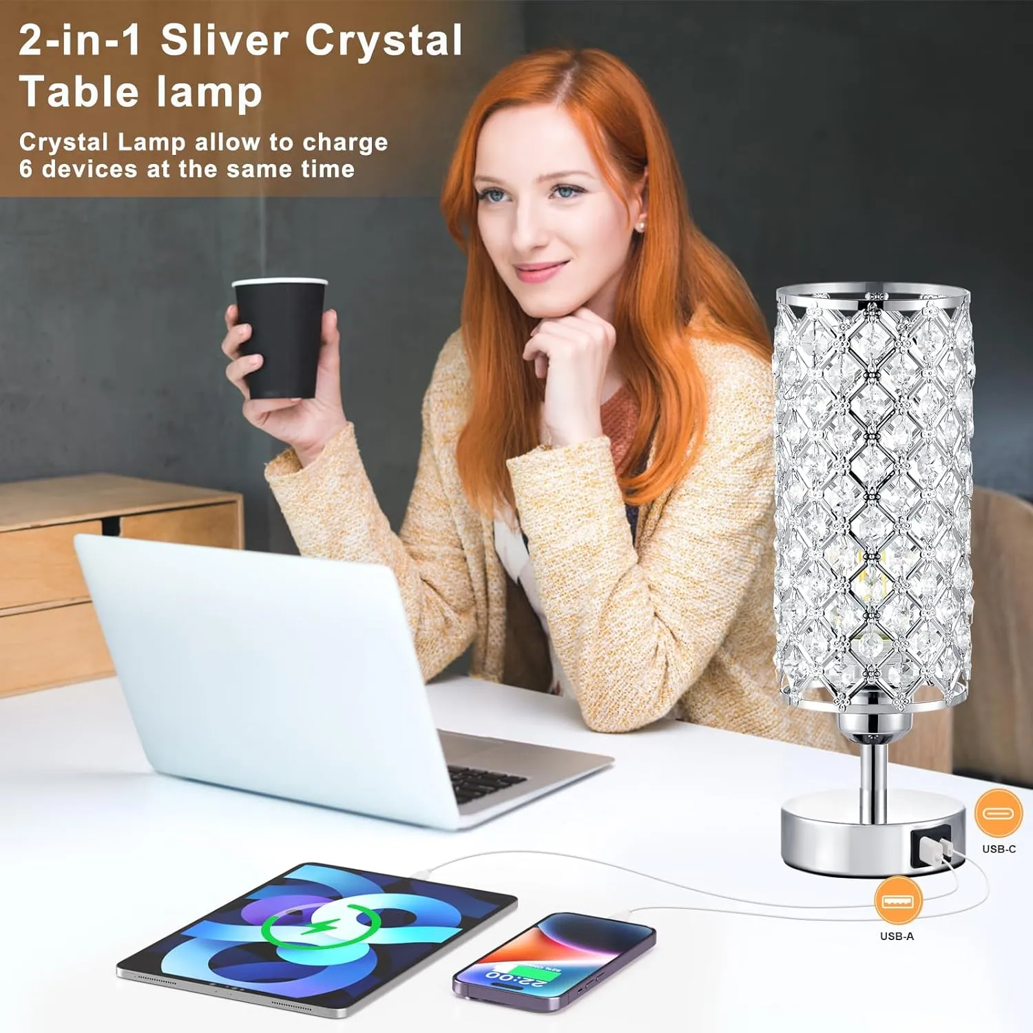 Crystal Touch Lamp with Touch Control, Sliver Table Lamp with USB-C A Ports, 3 Way Dimmable Bedside Lamp Decorative Modern Nightstand Lamp, Bedroom Light for Living Room Side Table(Bulb Included)