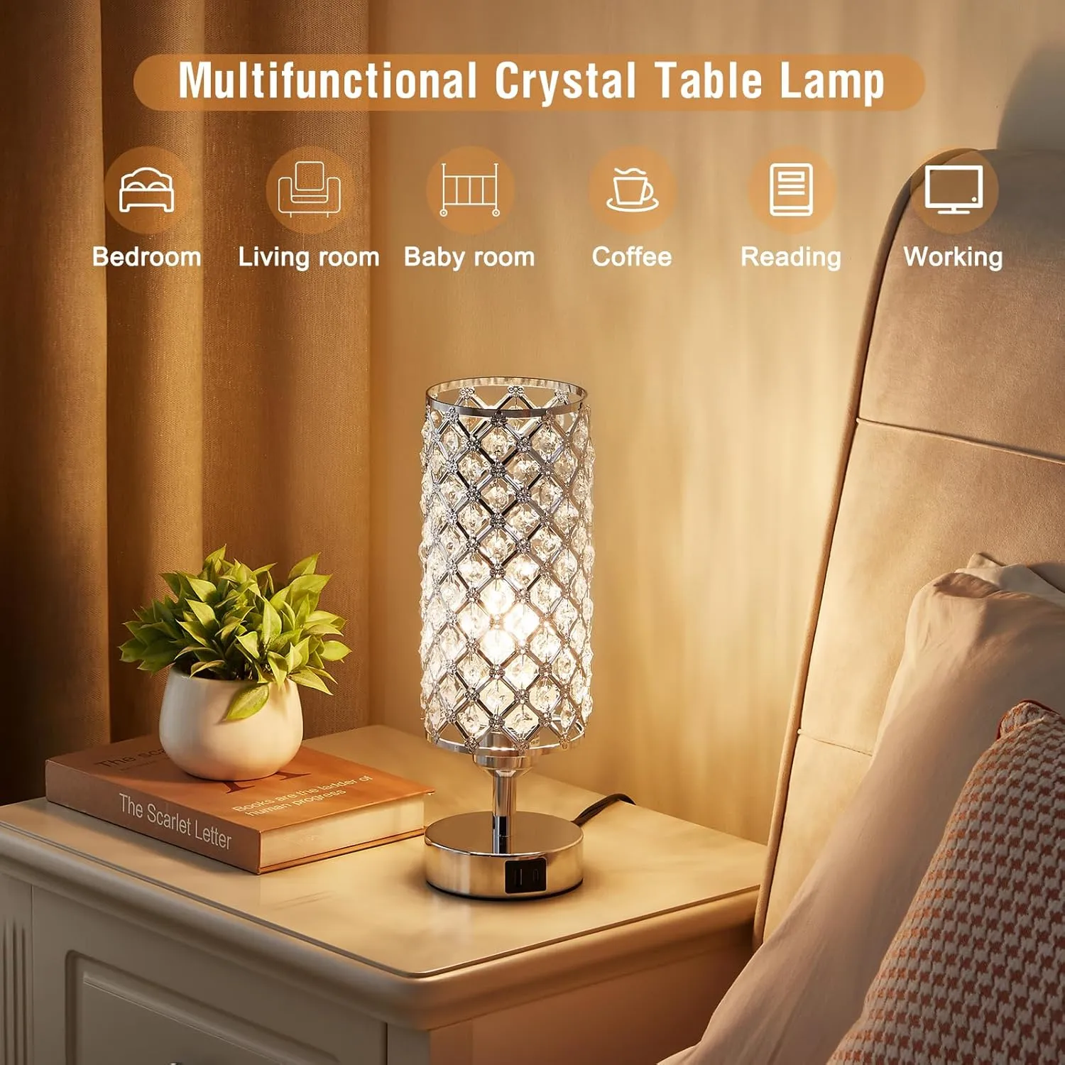 Crystal Touch Lamp with Touch Control, Sliver Table Lamp with USB-C A Ports, 3 Way Dimmable Bedside Lamp Decorative Modern Nightstand Lamp, Bedroom Light for Living Room Side Table(Bulb Included)