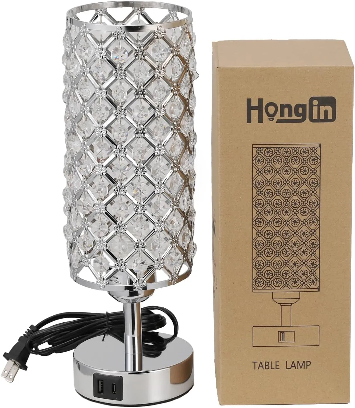Crystal Touch Lamp with Touch Control, Sliver Table Lamp with USB-C A Ports, 3 Way Dimmable Bedside Lamp Decorative Modern Nightstand Lamp, Bedroom Light for Living Room Side Table(Bulb Included)