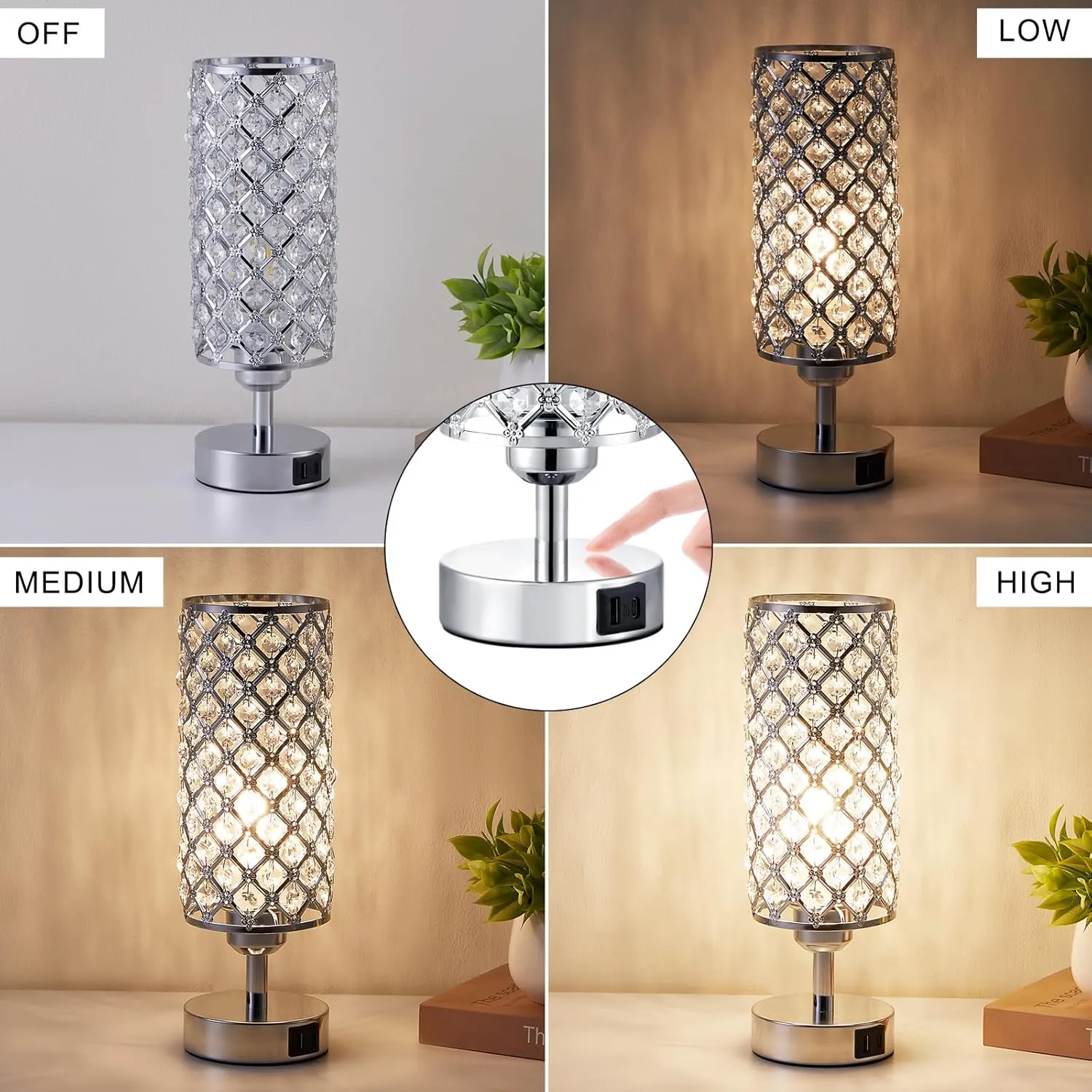 Crystal Touch Lamp with Touch Control, Sliver Table Lamp with USB-C A Ports, 3 Way Dimmable Bedside Lamp Decorative Modern Nightstand Lamp, Bedroom Light for Living Room Side Table(Bulb Included)