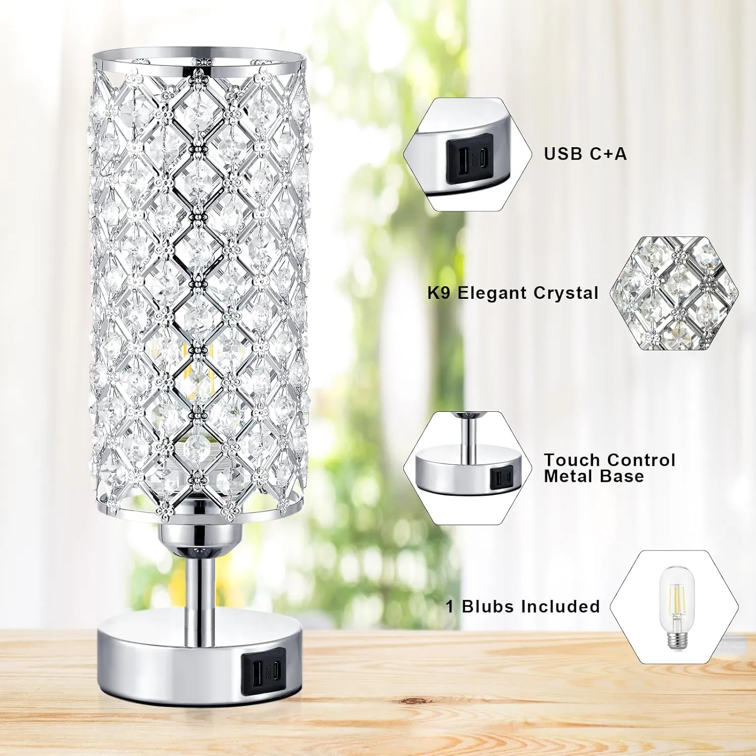 Crystal Touch Lamp with Touch Control, Sliver Table Lamp with USB-C A Ports, 3 Way Dimmable Bedside Lamp Decorative Modern Nightstand Lamp, Bedroom Light for Living Room Side Table(Bulb Included)