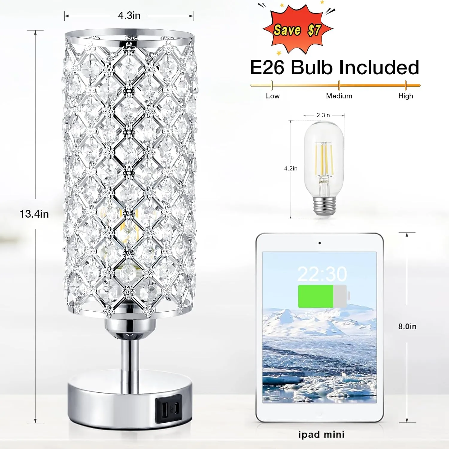 Crystal Touch Lamp with Touch Control, Sliver Table Lamp with USB-C A Ports, 3 Way Dimmable Bedside Lamp Decorative Modern Nightstand Lamp, Bedroom Light for Living Room Side Table(Bulb Included)