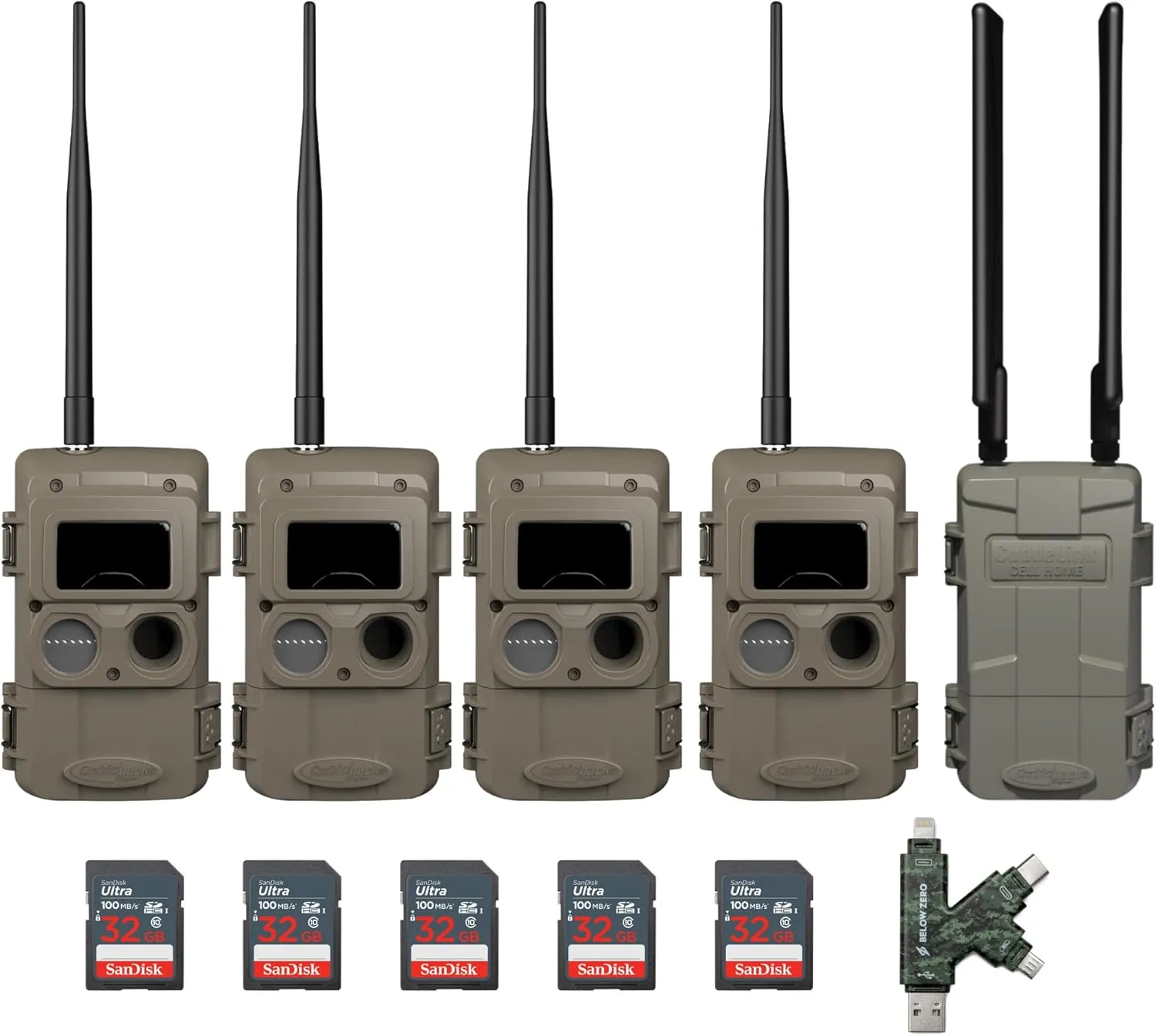 Cuddeback CuddeLink Wireless 3rd Gen Trail Cameras for Wildlife Monitoring with High-Resolution Imaging Bundle with Cell Home Trail Camera, 32 GB Memory Card, and Card Reader (4-Pack)