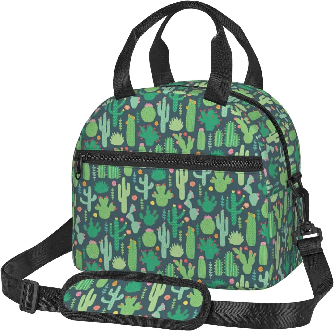 Cute Cactus Seamless Illustration Print Foods Insulated Lunch Bag Cute Tote Box Leakproof Cooler Adjustable Shoulder Strap