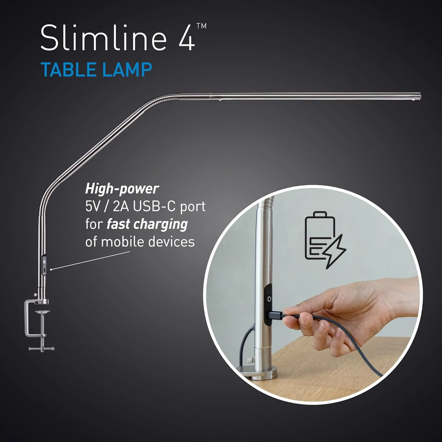 daylight Slimline 4™ LED Table Lamp in Brushed Steel - 6,000K, 3,200 Lux, 4 Brightness Levels, USB-C Charging Port, Anti-Glare Diffuser, Flexible Design, Art & Craft, Sewing, Nail Salon