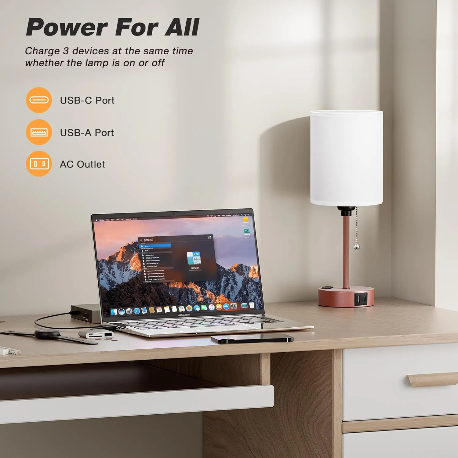 Dicoool Small Bedside Table lamp for Bedroom - 3 Color Temperatures Brass Bedside Lamps with USB C and A Ports, Pull Chain Table Lamps with AC Outlet, White Nightstand Lamps for Kids Reading