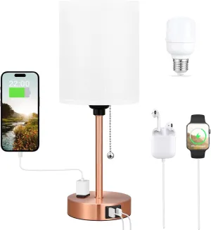 Dicoool Small Bedside Table lamp for Bedroom - 3 Color Temperatures Brass Bedside Lamps with USB C and A Ports, Pull Chain Table Lamps with AC Outlet, White Nightstand Lamps for Kids Reading