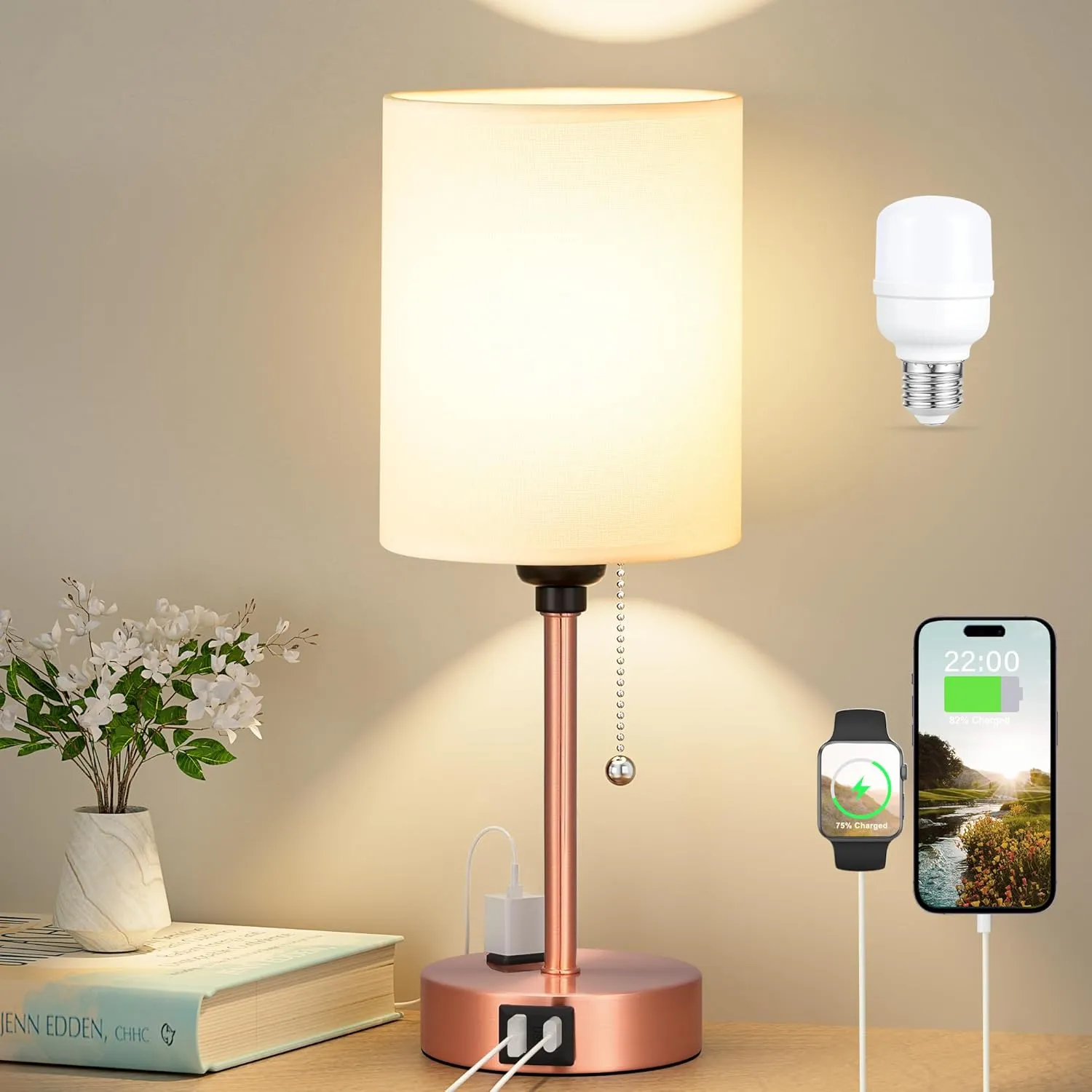 Dicoool Small Bedside Table lamp for Bedroom - 3 Color Temperatures Brass Bedside Lamps with USB C and A Ports, Pull Chain Table Lamps with AC Outlet, White Nightstand Lamps for Kids Reading