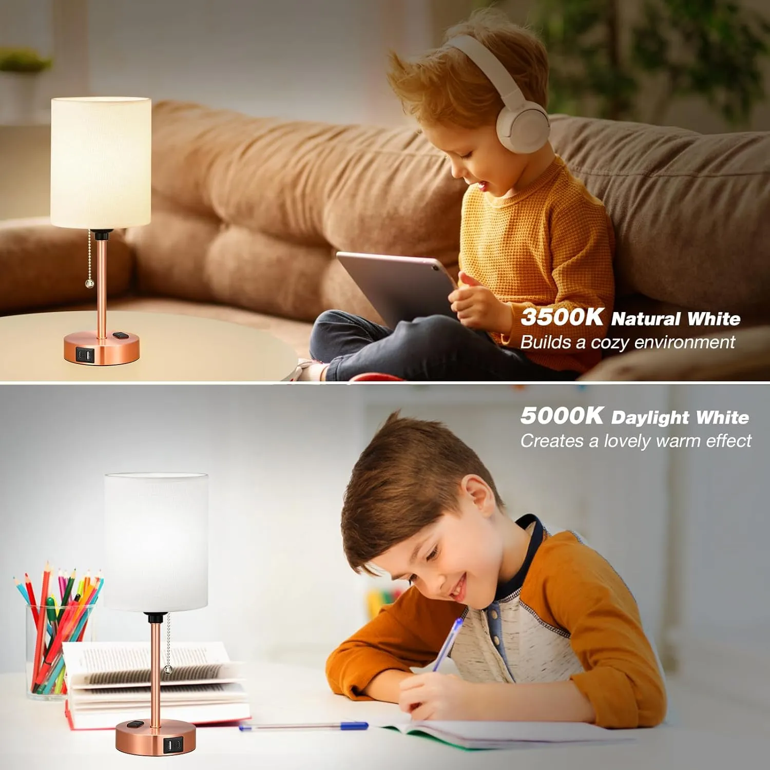 Dicoool Small Bedside Table lamp for Bedroom - 3 Color Temperatures Brass Bedside Lamps with USB C and A Ports, Pull Chain Table Lamps with AC Outlet, White Nightstand Lamps for Kids Reading