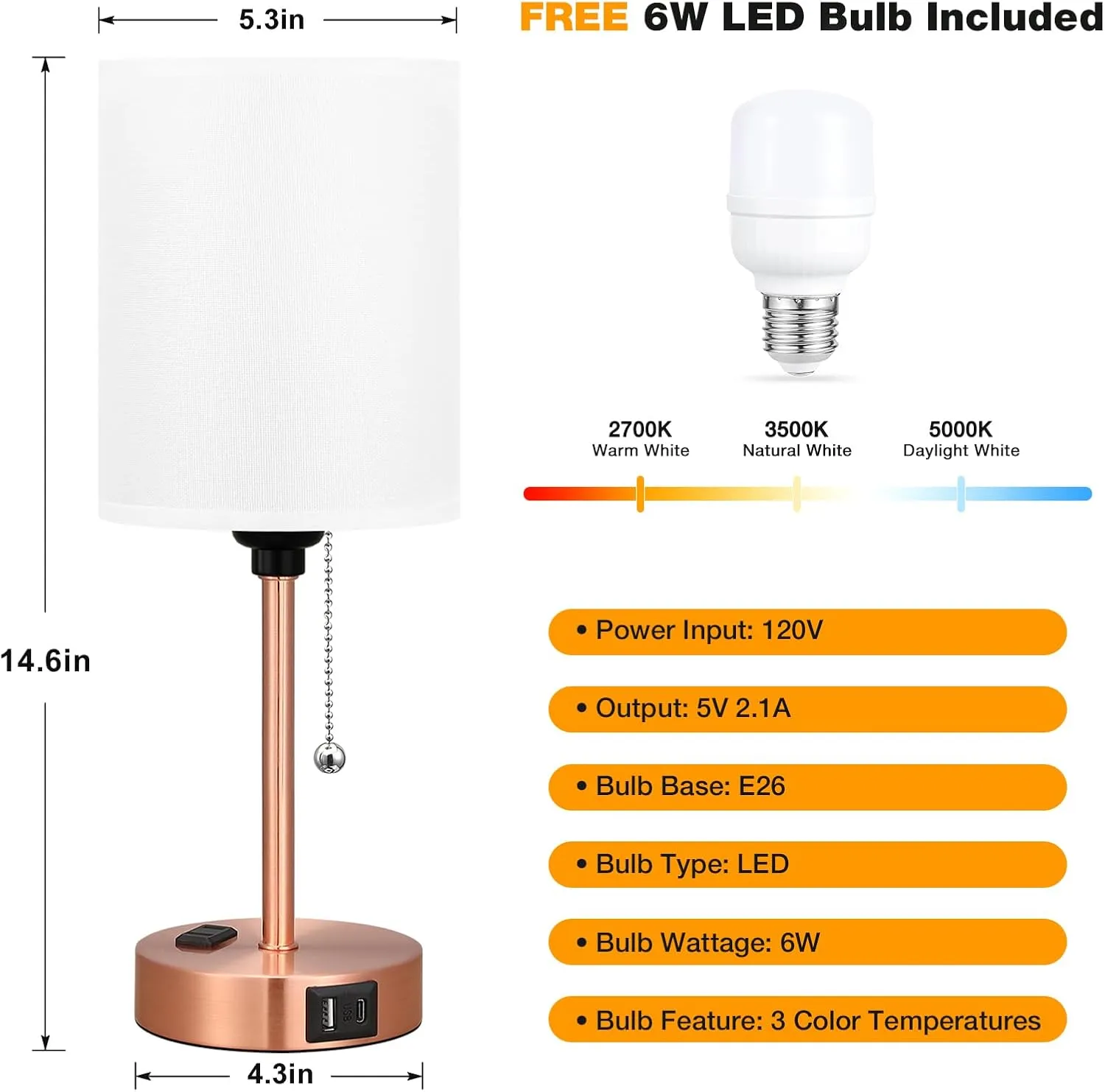 Dicoool Small Bedside Table lamp for Bedroom - 3 Color Temperatures Brass Bedside Lamps with USB C and A Ports, Pull Chain Table Lamps with AC Outlet, White Nightstand Lamps for Kids Reading