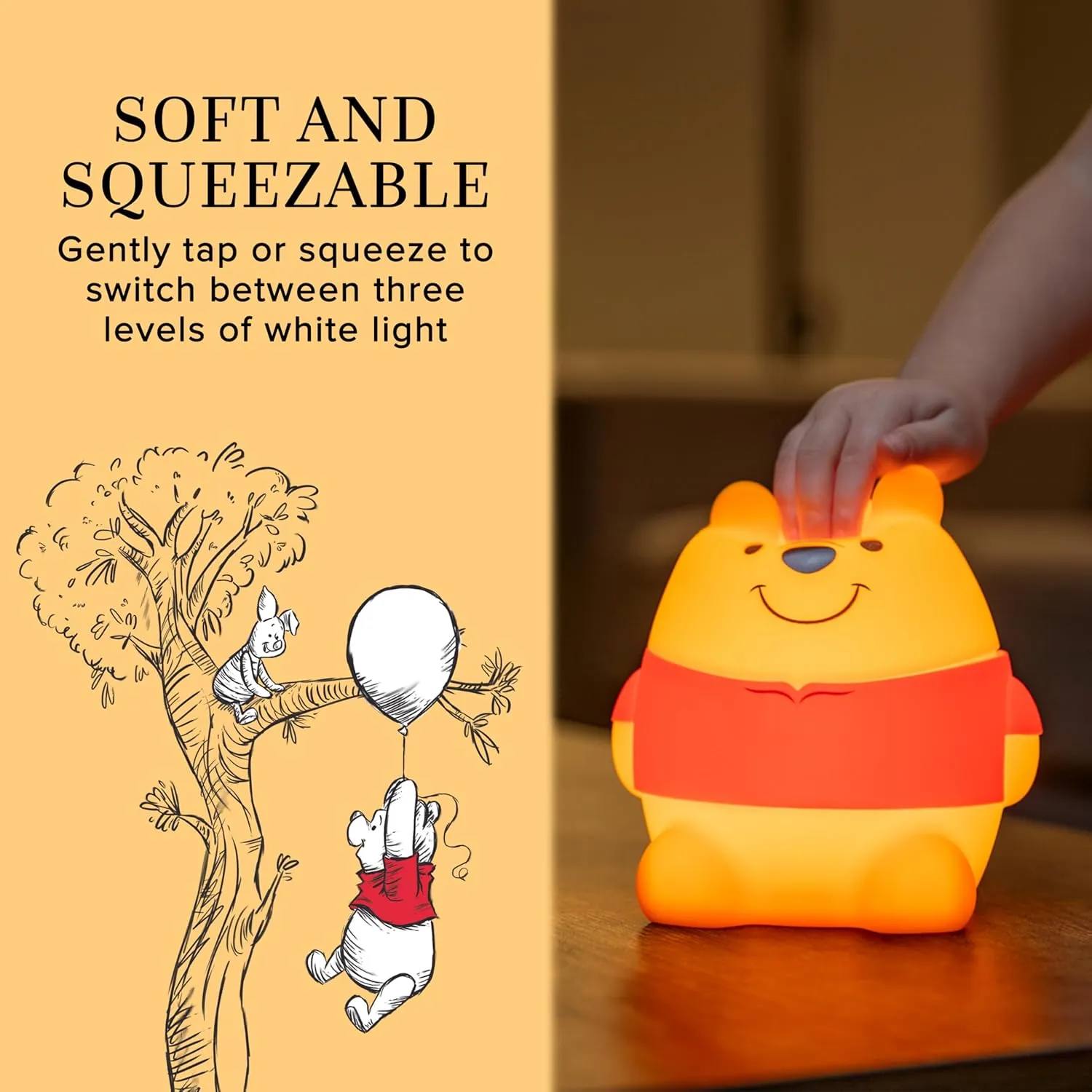 Disney Winnie The Pooh Squish Light, Night Light for Kids, USB Lamp, Battery Operated, Dimmable, Ideal for Bedroom, Playroom, Living Room, and More, 83189