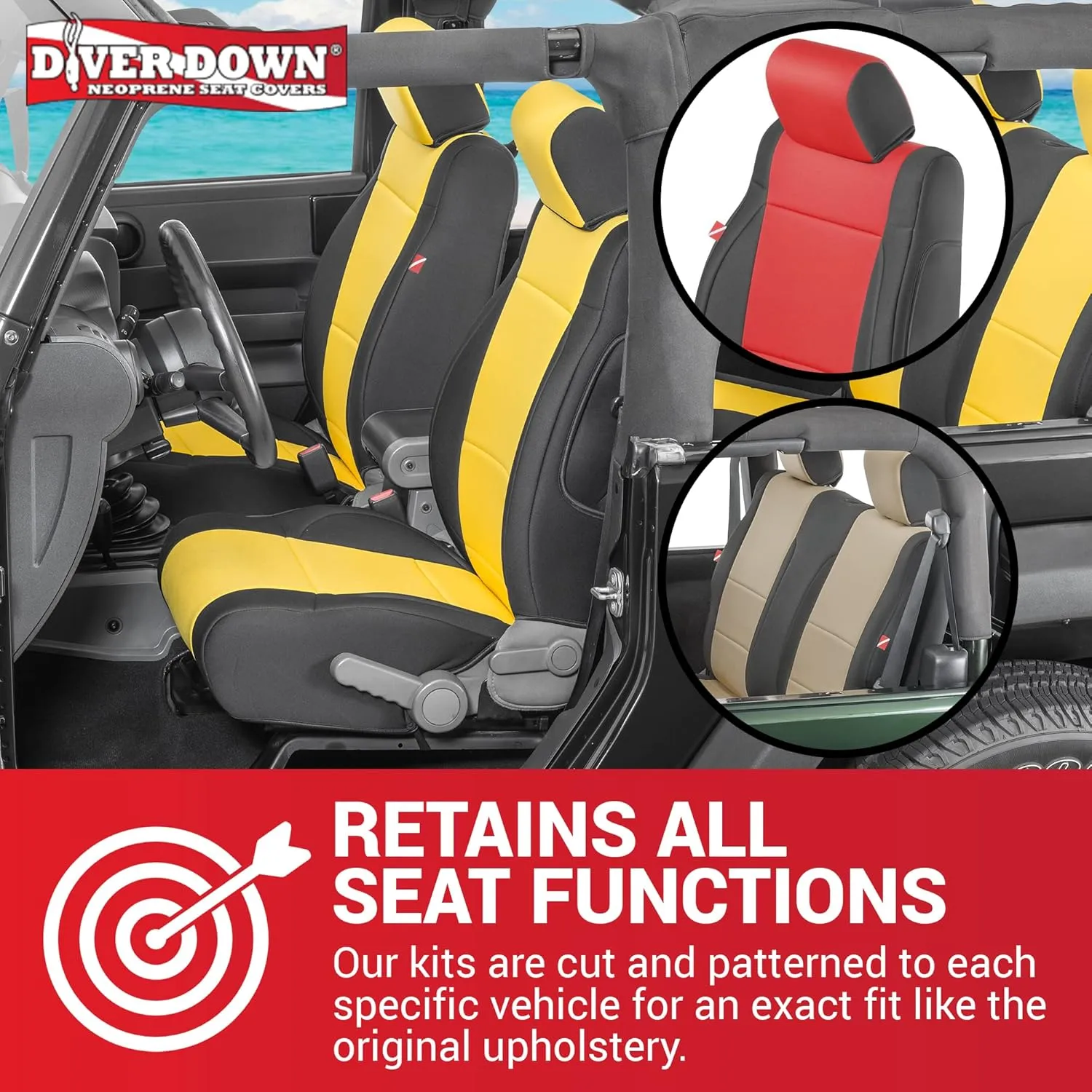 Diver Down Neoprene Seat Cover Set - Fits Jeep JK 2007-2018 Wrangler - Front and Back Seat Set - Waterproof Custom Fit Seat Covers - Soft Padded Thermal Resistant Cushion - (Yellow, 2DR, 07-10)