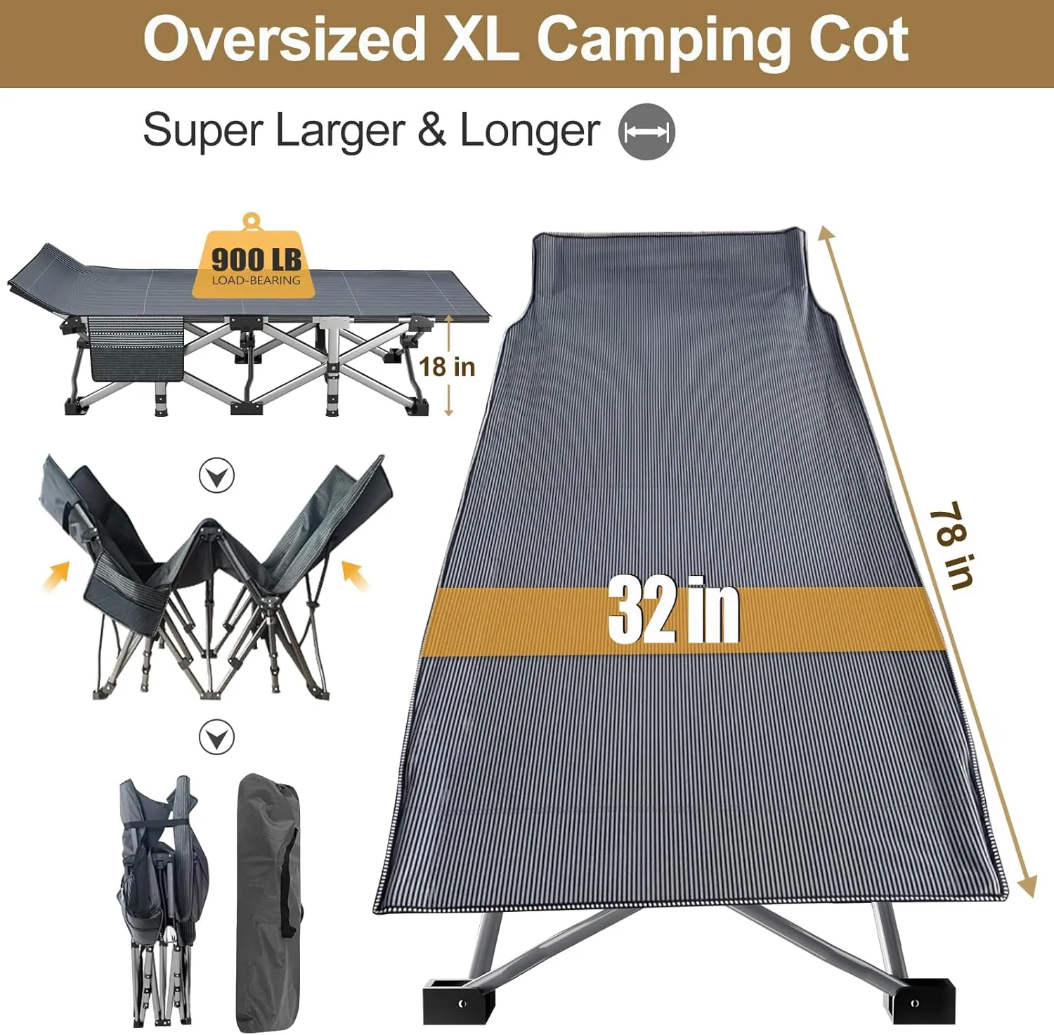 DoCred Oversized XXL Folding Camping Cot with Mattress, Heavy Duty Sleeping Cot Bed Portable Adults Outdoor Bed with Carry Bag, Travel Camp Cots