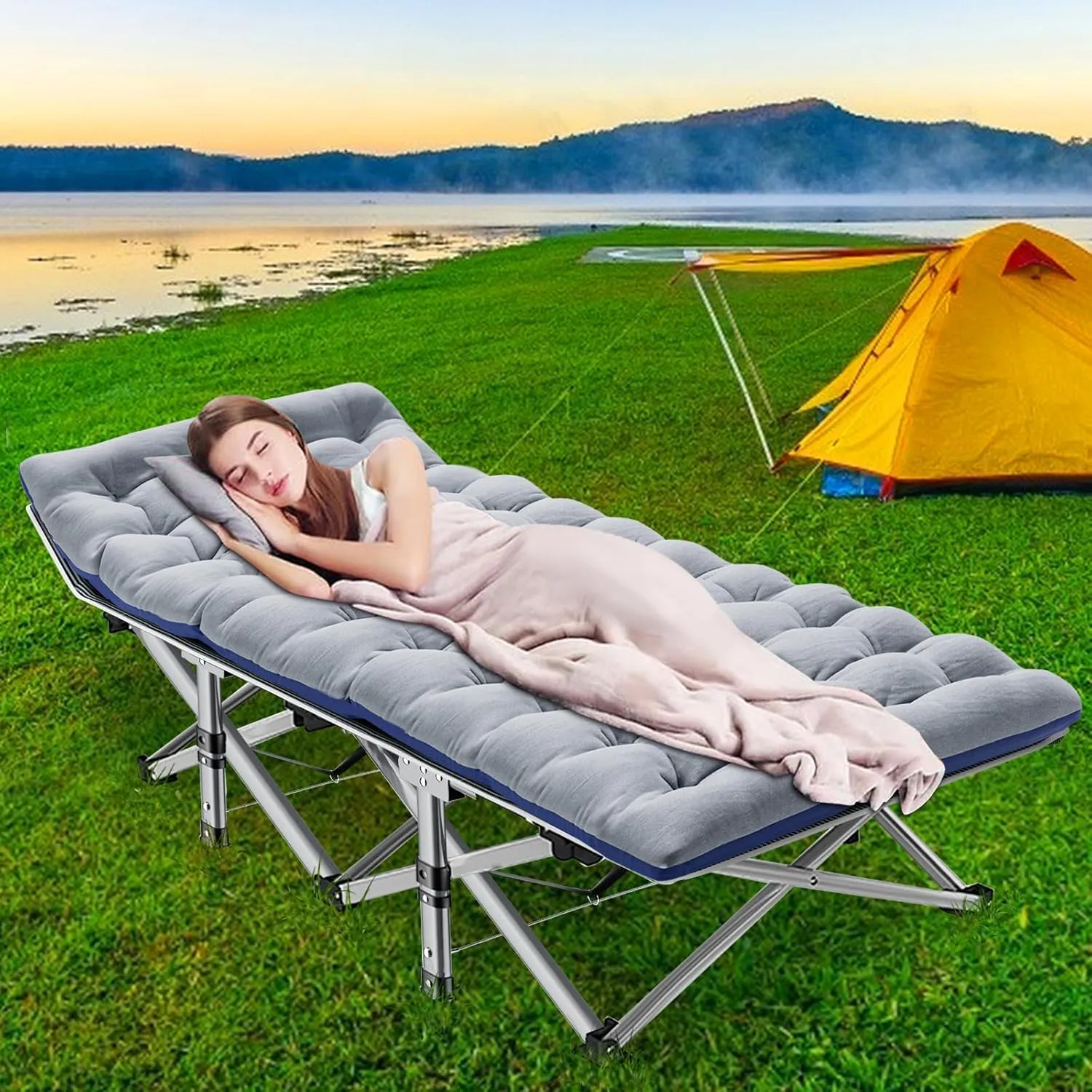 DoCred Oversized XXL Folding Camping Cot with Mattress, Heavy Duty Sleeping Cot Bed Portable Adults Outdoor Bed with Carry Bag, Travel Camp Cots