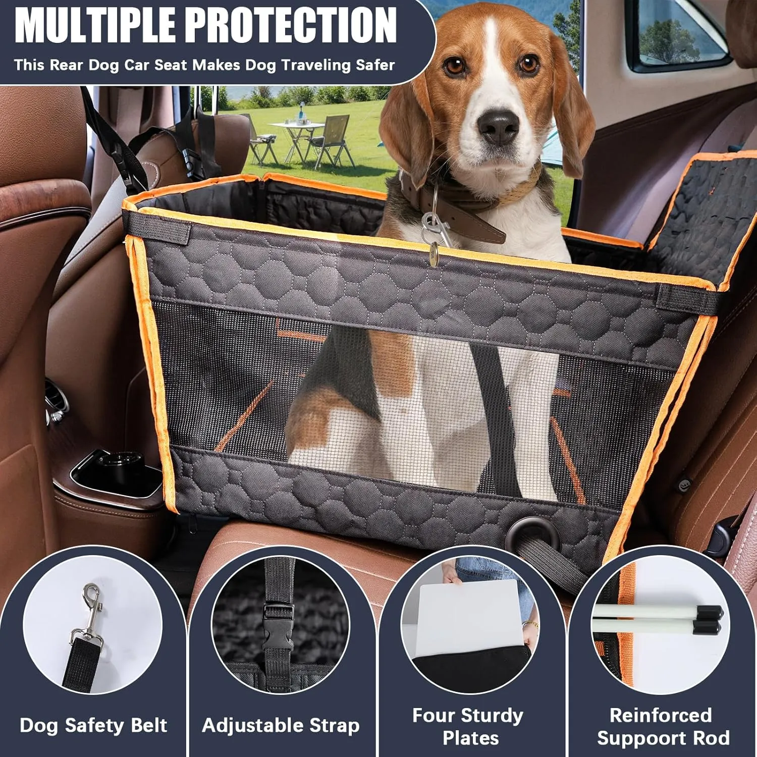 Dog Car Seat for Large Medium Dogs, Dog Car Seat Cover for Back Seat, Foldable Pet CarSeat with Safety Belt, Waterproof Fabric & Breathable Mesh, Back Seat Cover for Dogs Under 40lbs (Large, Orange)