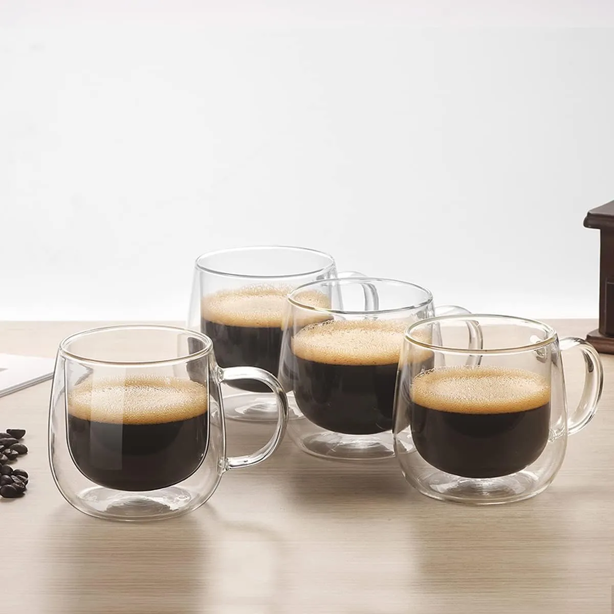 Double Wall Glass Coffee Mugs 10oz Set of 4 Insulated Clear Tea Cups with Handle, Perfect for Espresso, Latte and Cappuccinos