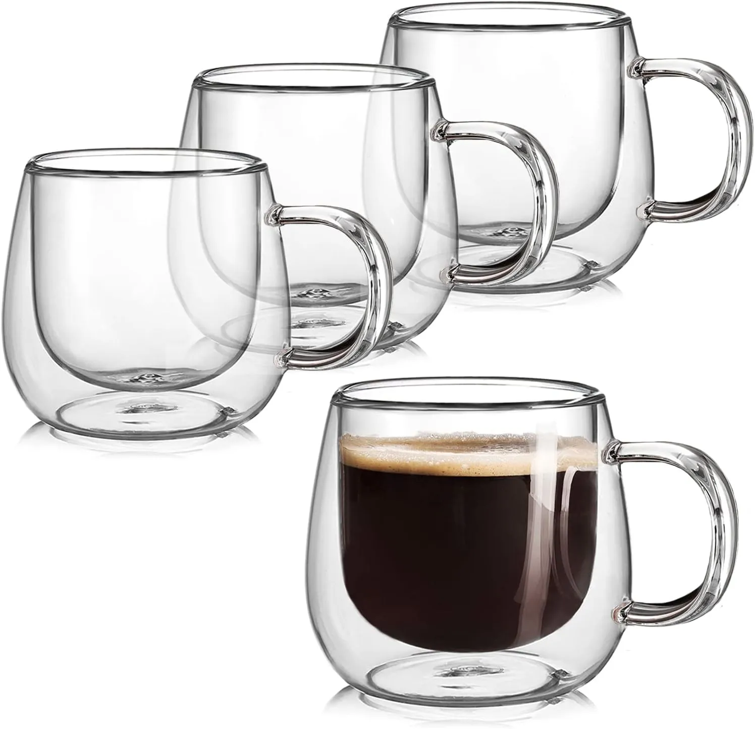 Double Wall Glass Coffee Mugs 10oz Set of 4 Insulated Clear Tea Cups with Handle, Perfect for Espresso, Latte and Cappuccinos