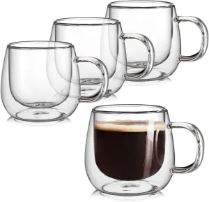 Double Wall Glass Coffee Mugs 10oz Set of 4 Insulated Clear Tea Cups with Handle, Perfect for Espresso, Latte and Cappuccinos
