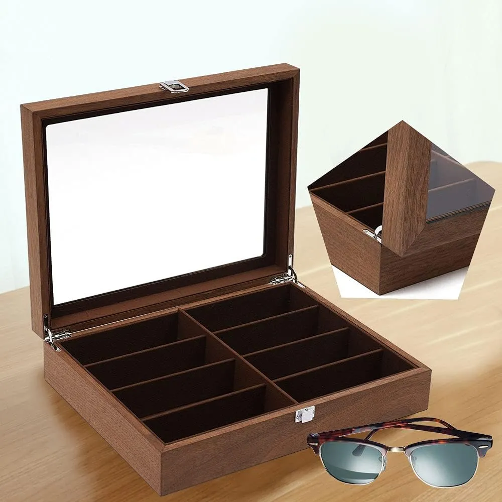 DouSeiAi Wooden Sunglasses Storage Box, 8 Grids Glasses Organizer, Sunglasses Display Holder with Lock Eyewear Showcase Organizer Walnut