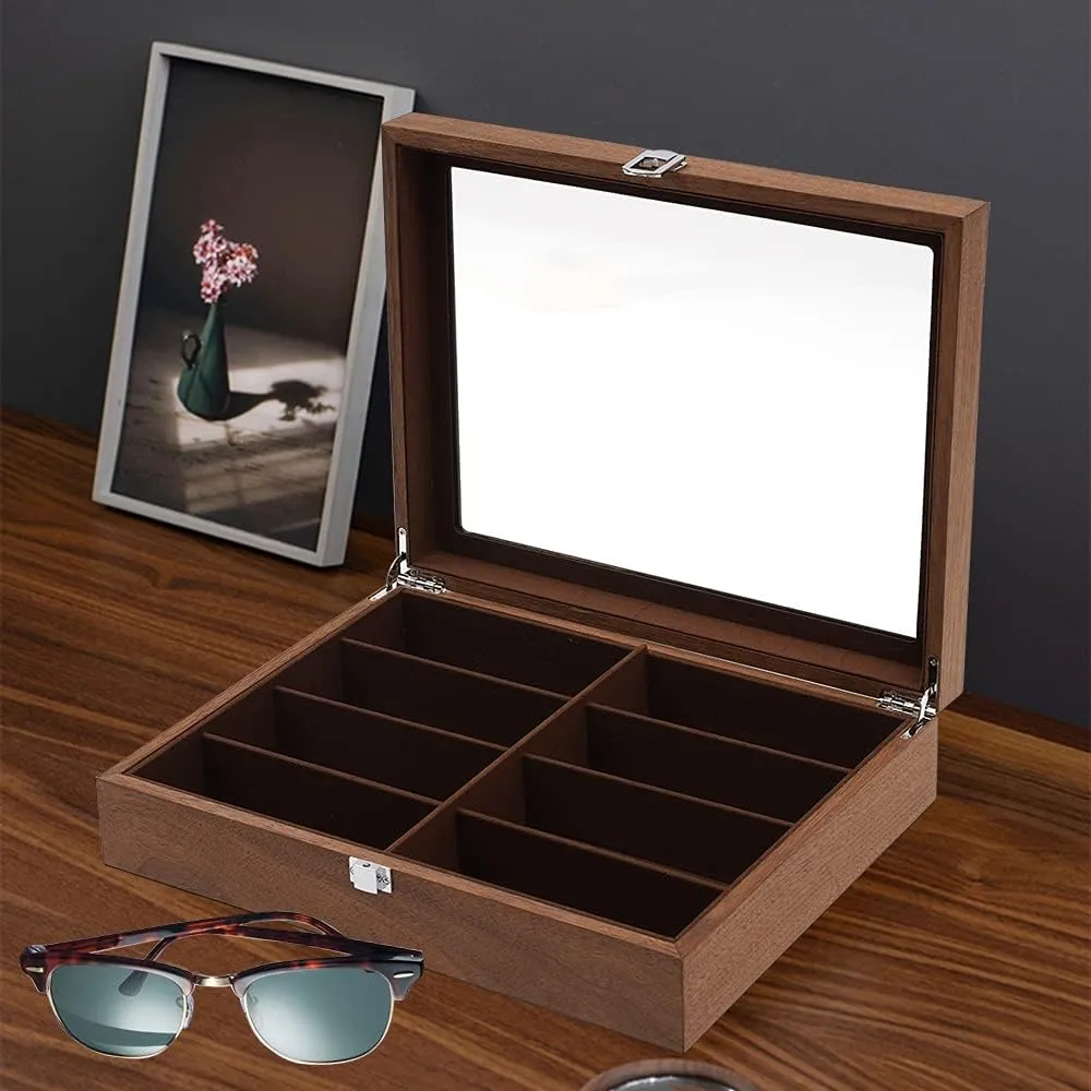 DouSeiAi Wooden Sunglasses Storage Box, 8 Grids Glasses Organizer, Sunglasses Display Holder with Lock Eyewear Showcase Organizer Walnut