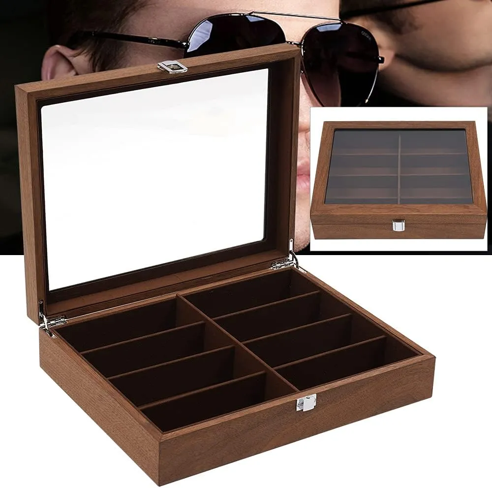 DouSeiAi Wooden Sunglasses Storage Box, 8 Grids Glasses Organizer, Sunglasses Display Holder with Lock Eyewear Showcase Organizer Walnut