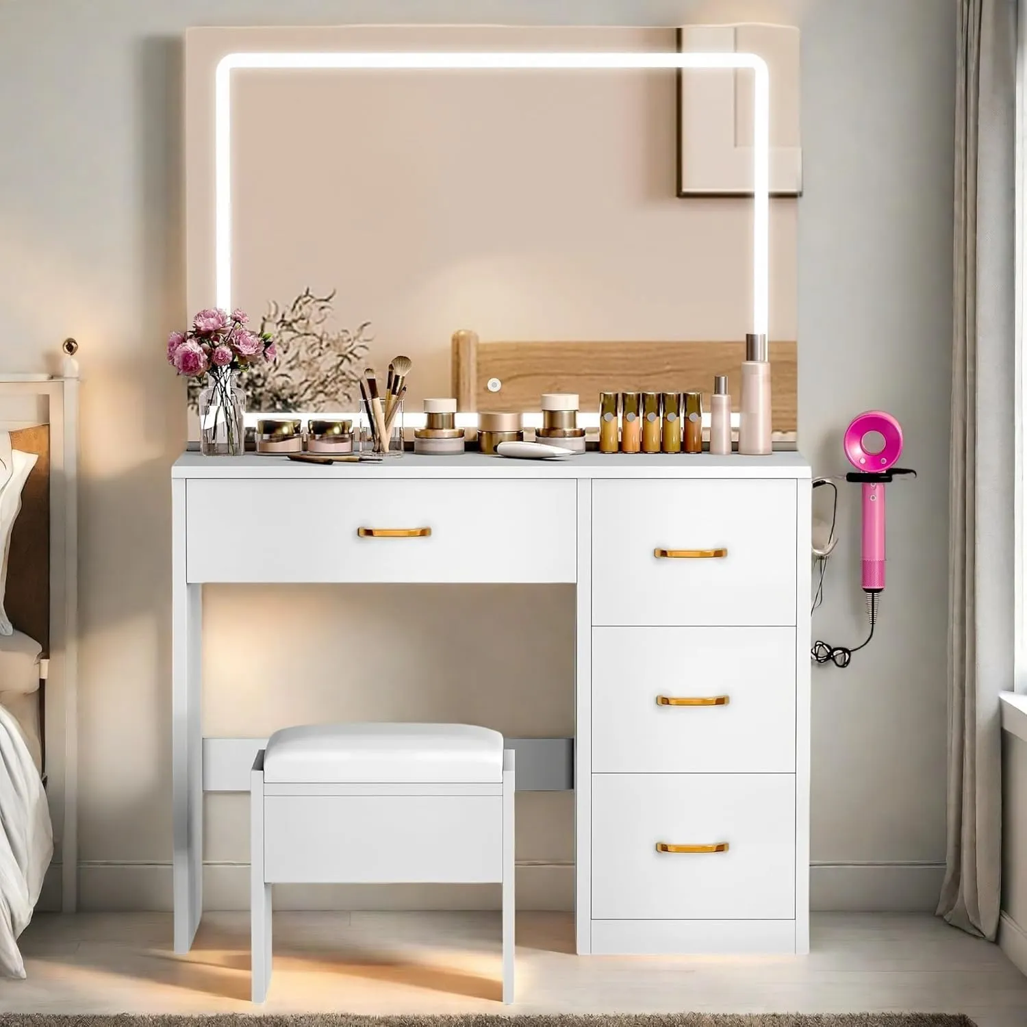 DWVO Makeup Vanity with Large LED Lighted Mirror, Vanity Desk with 4 Drawers & Power Outlet, Dressing Table with 3 Lighting Colors, Dressing Table with Cushioned Stool, Ivory White