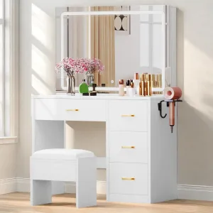 DWVO Makeup Vanity with Large LED Lighted Mirror, Vanity Desk with 4 Drawers & Power Outlet, Dressing Table with 3 Lighting Colors, Dressing Table with Cushioned Stool, Ivory White