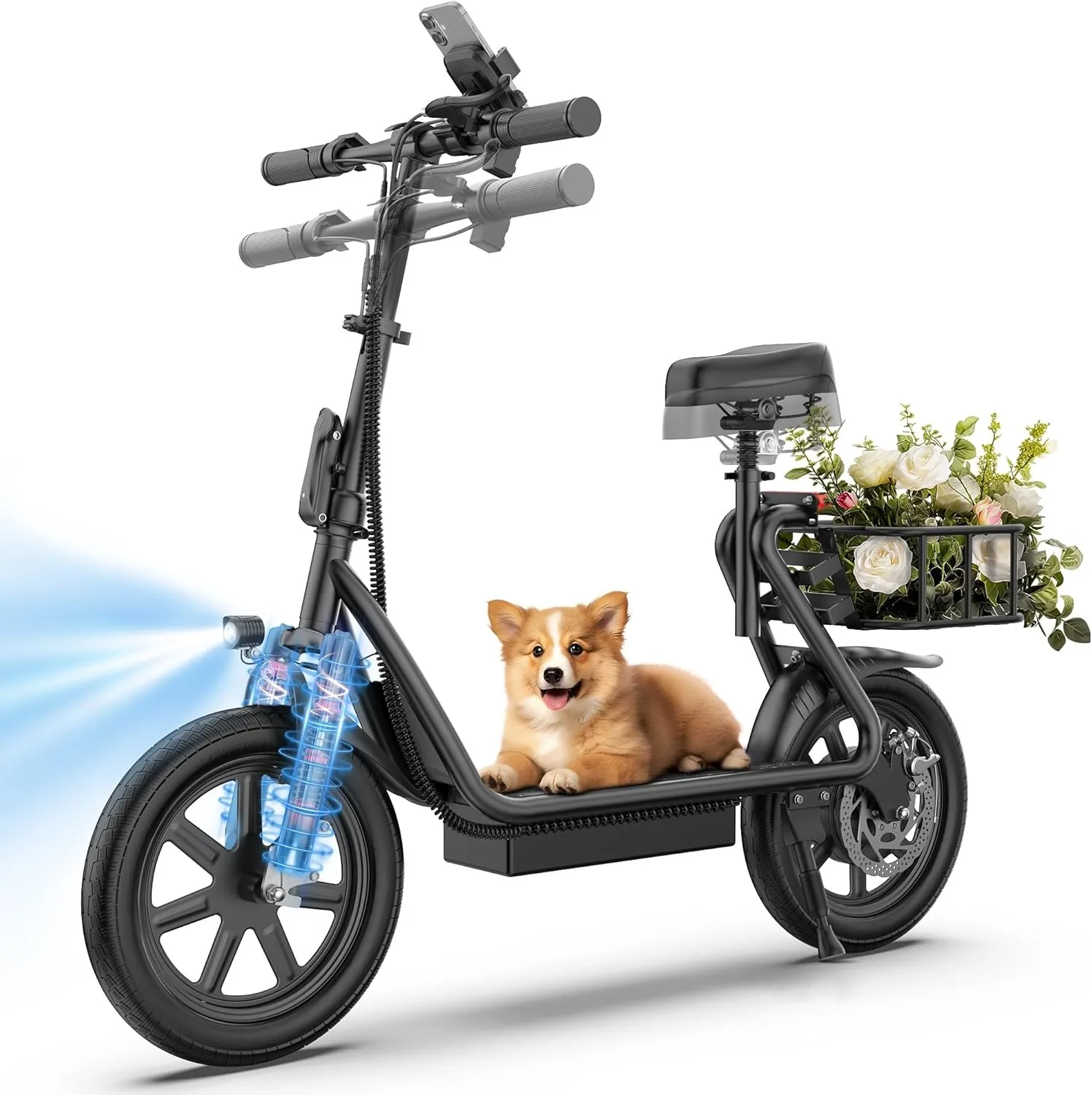 Electric Scooter with Seat, 500W Motor, 14'' Tires, Top Speed 22 mph, Max 27 Miles Ranges, Foldable E-Scooter with Front Suspension, Portable E Scooter with Smart APP