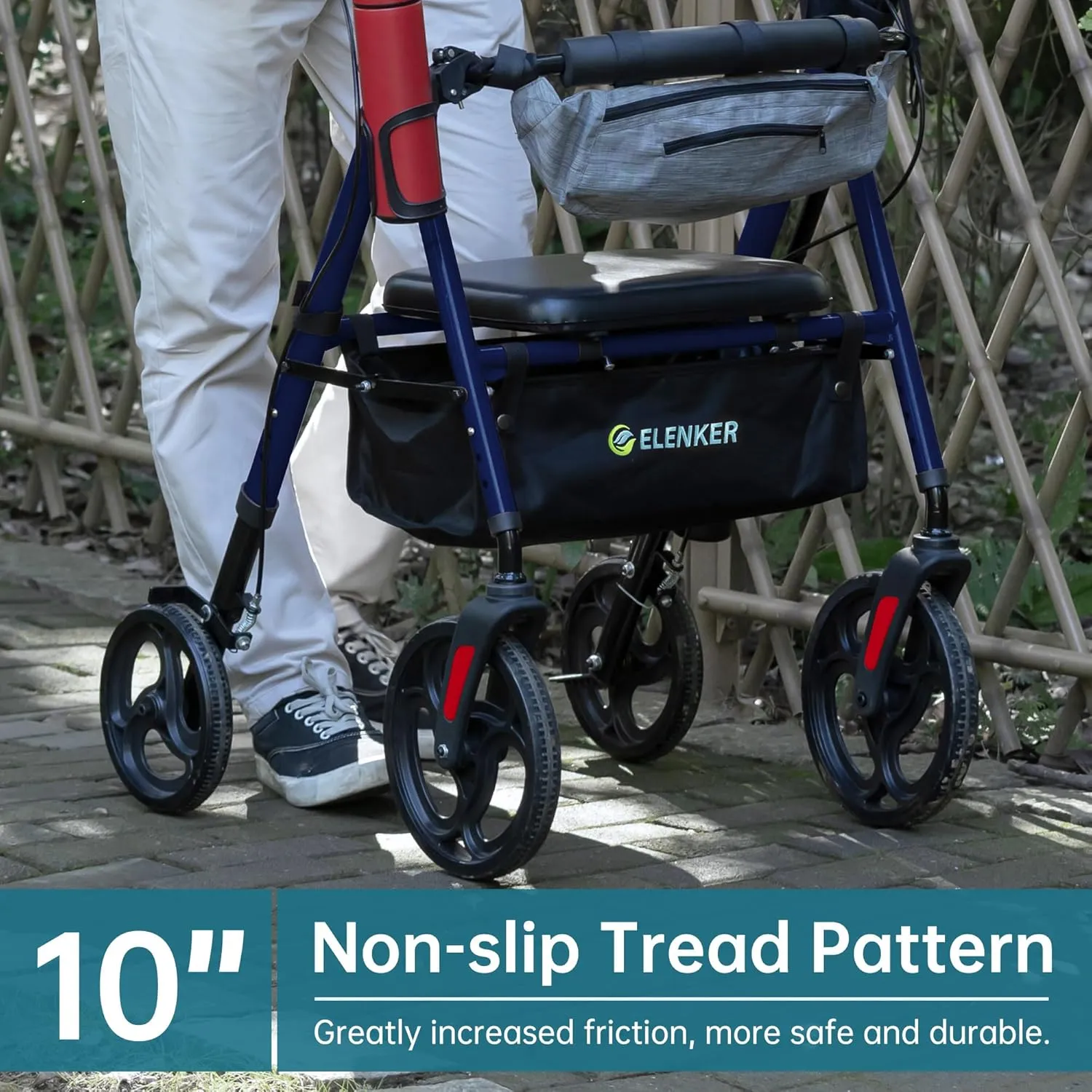 ELENKER Rollator Walker with Front Pouch, 10”Wheels, Sponge Padded Seat and Backrest, Fully Adjustment Frame for Seniors, Blue