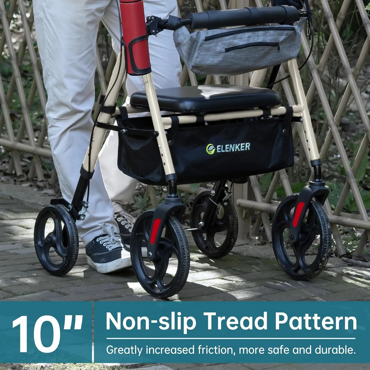 ELENKER Rollator Walker with Front Pouch, 10”Wheels, Sponge Padded Seat and Backrest, Fully Adjustment Frame for Seniors, Champagne