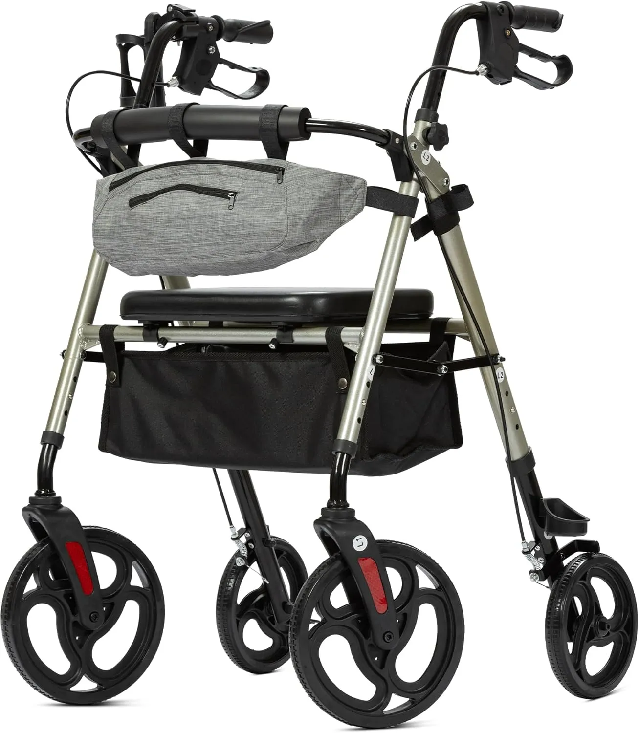 ELENKER Rollator Walker with Front Pouch, 10”Wheels, Sponge Padded Seat and Backrest, Fully Adjustment Frame for Seniors, Champagne