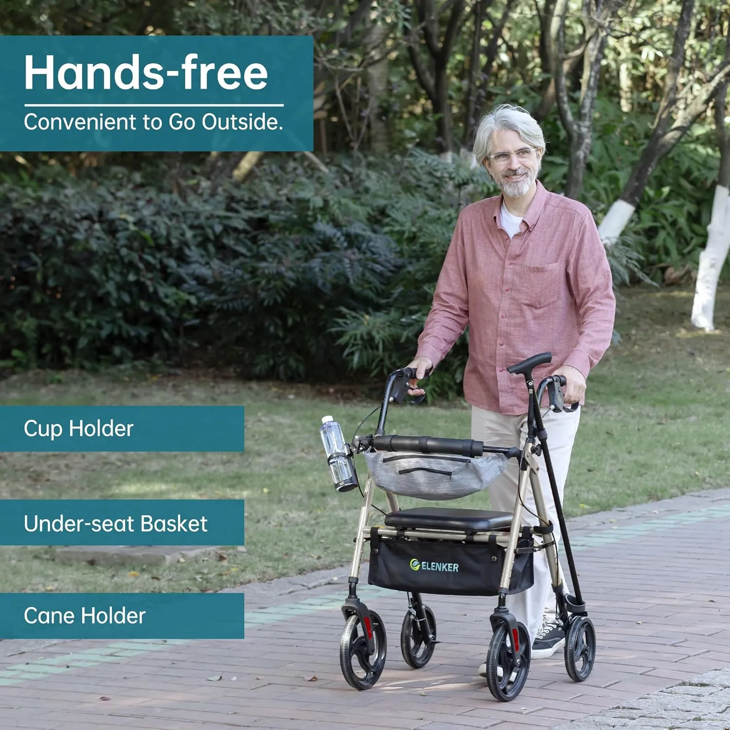ELENKER Rollator Walker with Front Pouch, 10”Wheels, Sponge Padded Seat and Backrest, Fully Adjustment Frame for Seniors, Champagne