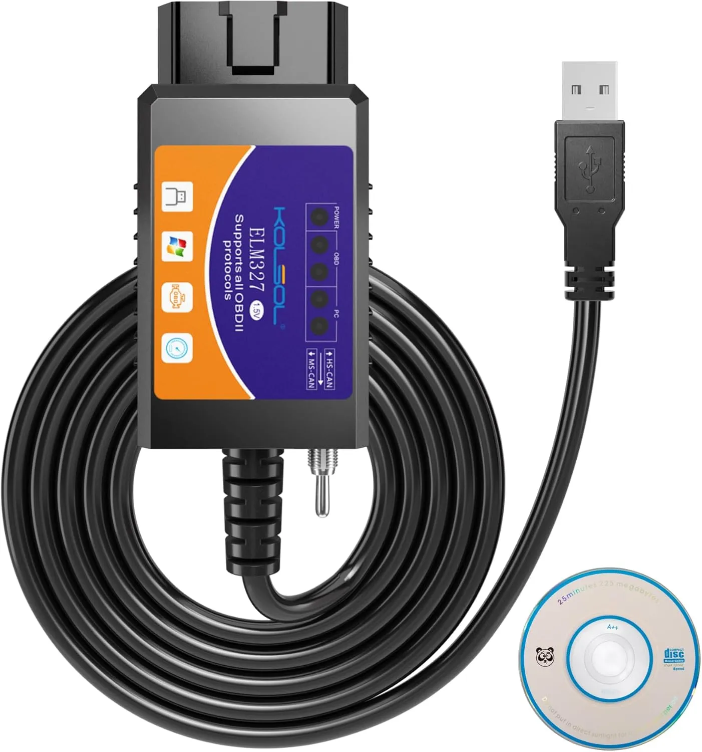 ELM327 OBD2 USB V1.5 Adapter with MS-CAN/HS-CAN Switch, Test Tool for ELMconfig Software CH340 25K80 Chip