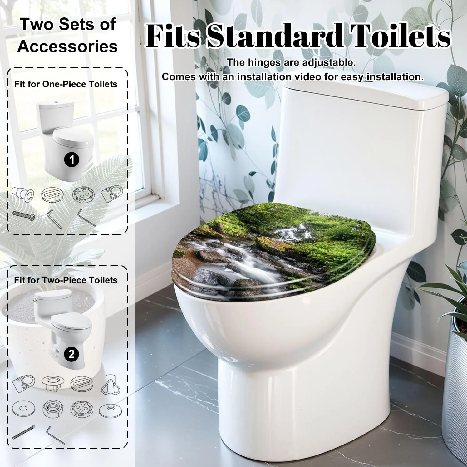 Elongated Toilet Seat Torc Waterfall Killarney National Park County Ireland Resin Toilet Seat Slow Quiet Close Lid with Quick-Release Hinges Cover Bumpers Easy to Clean Install