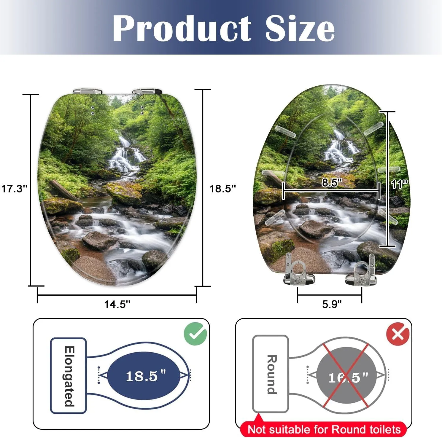 Elongated Toilet Seat Torc Waterfall Killarney National Park County Ireland Resin Toilet Seat Slow Quiet Close Lid with Quick-Release Hinges Cover Bumpers Easy to Clean Install