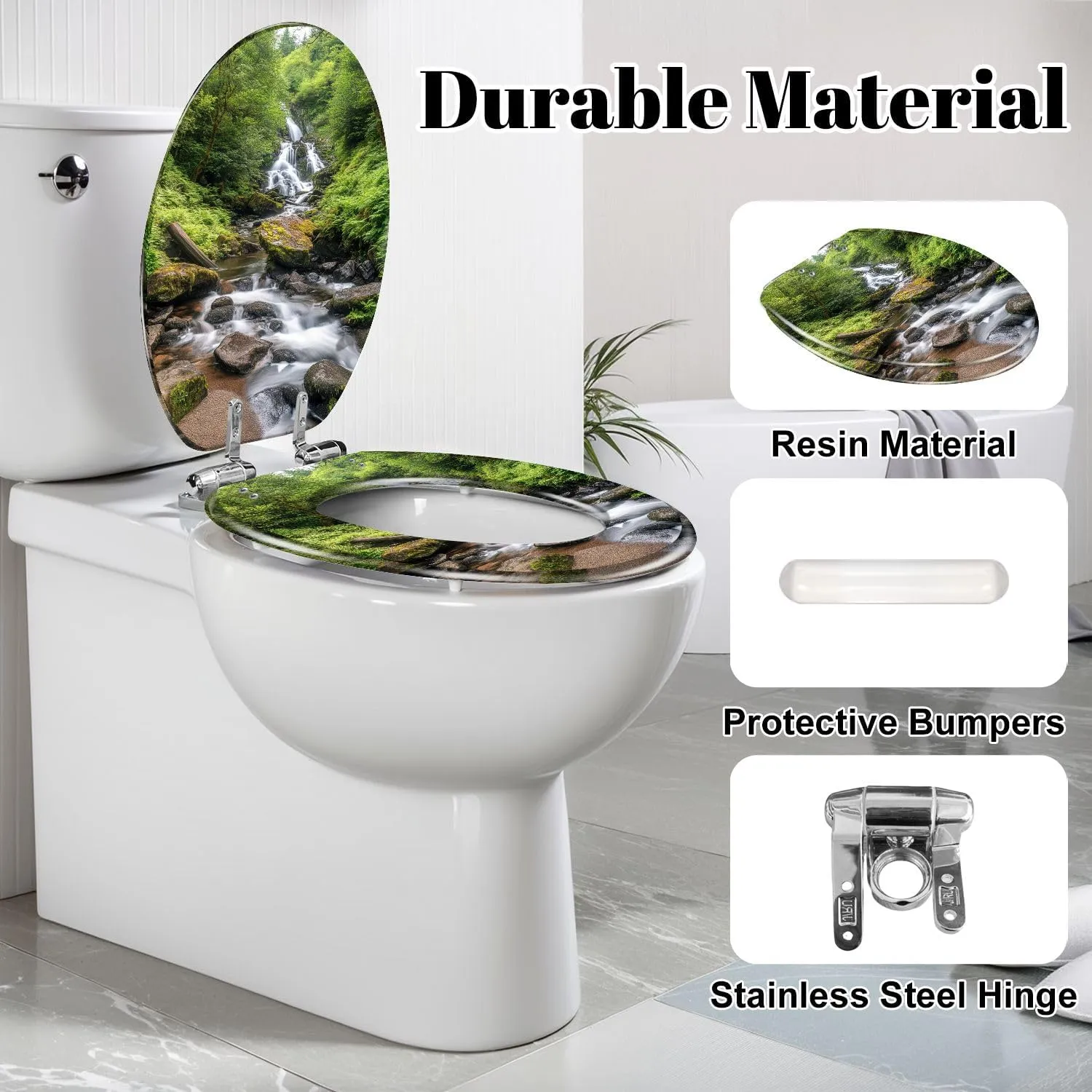 Elongated Toilet Seat Torc Waterfall Killarney National Park County Ireland Resin Toilet Seat Slow Quiet Close Lid with Quick-Release Hinges Cover Bumpers Easy to Clean Install