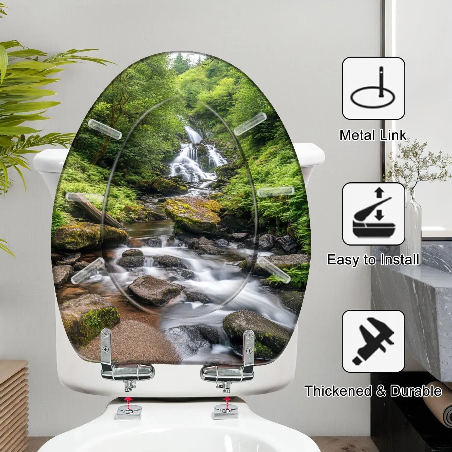 Elongated Toilet Seat Torc Waterfall Killarney National Park County Ireland Resin Toilet Seat Slow Quiet Close Lid with Quick-Release Hinges Cover Bumpers Easy to Clean Install