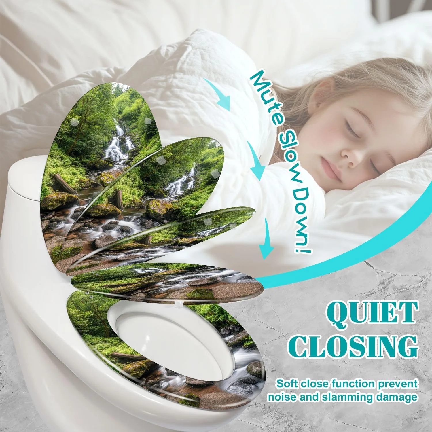 Elongated Toilet Seat Torc Waterfall Killarney National Park County Ireland Resin Toilet Seat Slow Quiet Close Lid with Quick-Release Hinges Cover Bumpers Easy to Clean Install