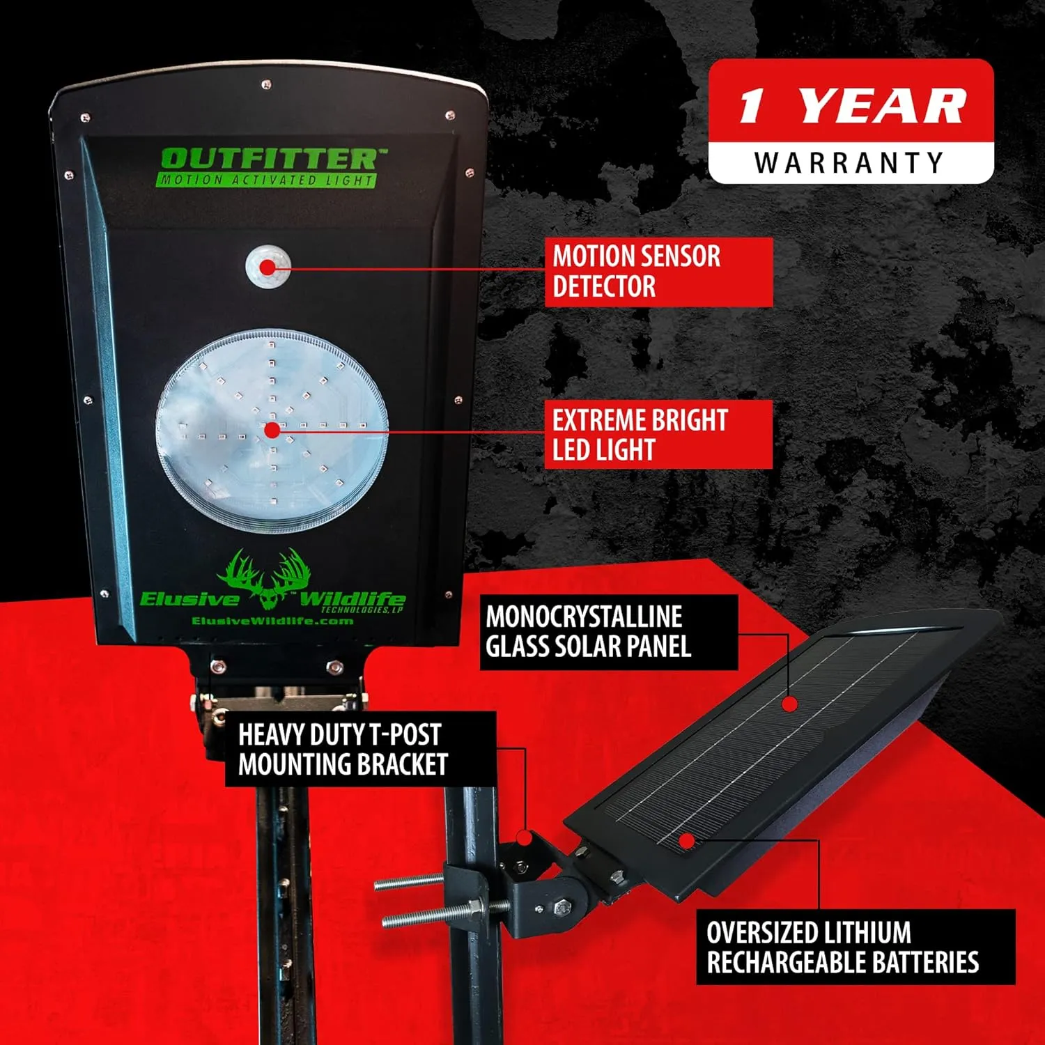 Elusive Wildlife | Kill Light Outfitter Solar-Powered Feeder Light - Night Hog Hunting | Motion-Activated, High-Intensity Lighting (Red)