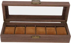 EVTSCAN Watch Storage Box,6 Slot Watch Storage Display Box Wood Grain PU Leather Lockable Wristwatch Protective Box