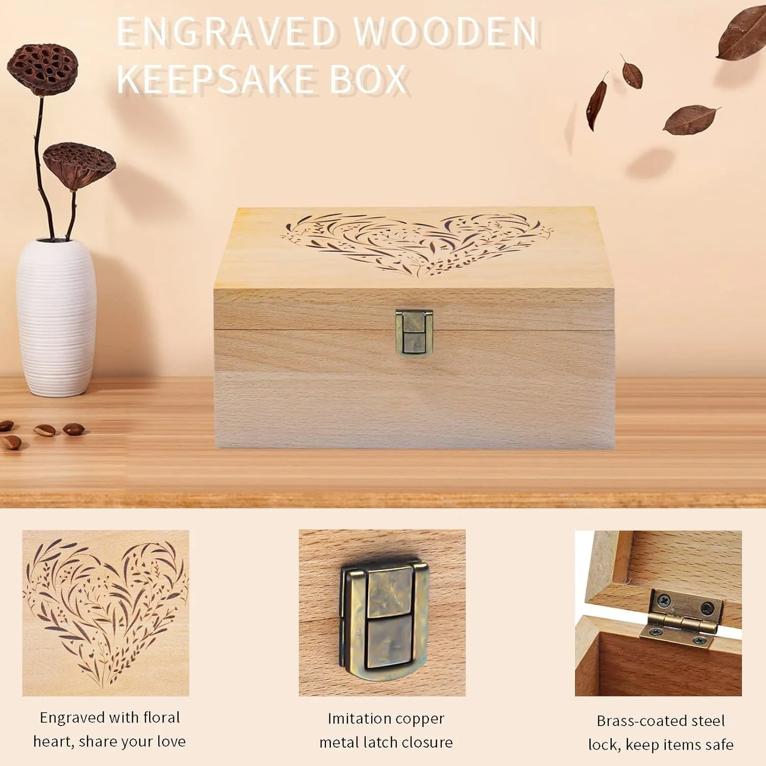EXISTING Wooden Memory Keepsake Box, Floral Heart Engraved Large Keepsake Boxes with Lids, Memory Box Keepsakes Gift for Anniversary, Wedding, Memory, Birthday, Valentines Day, for Office or Home