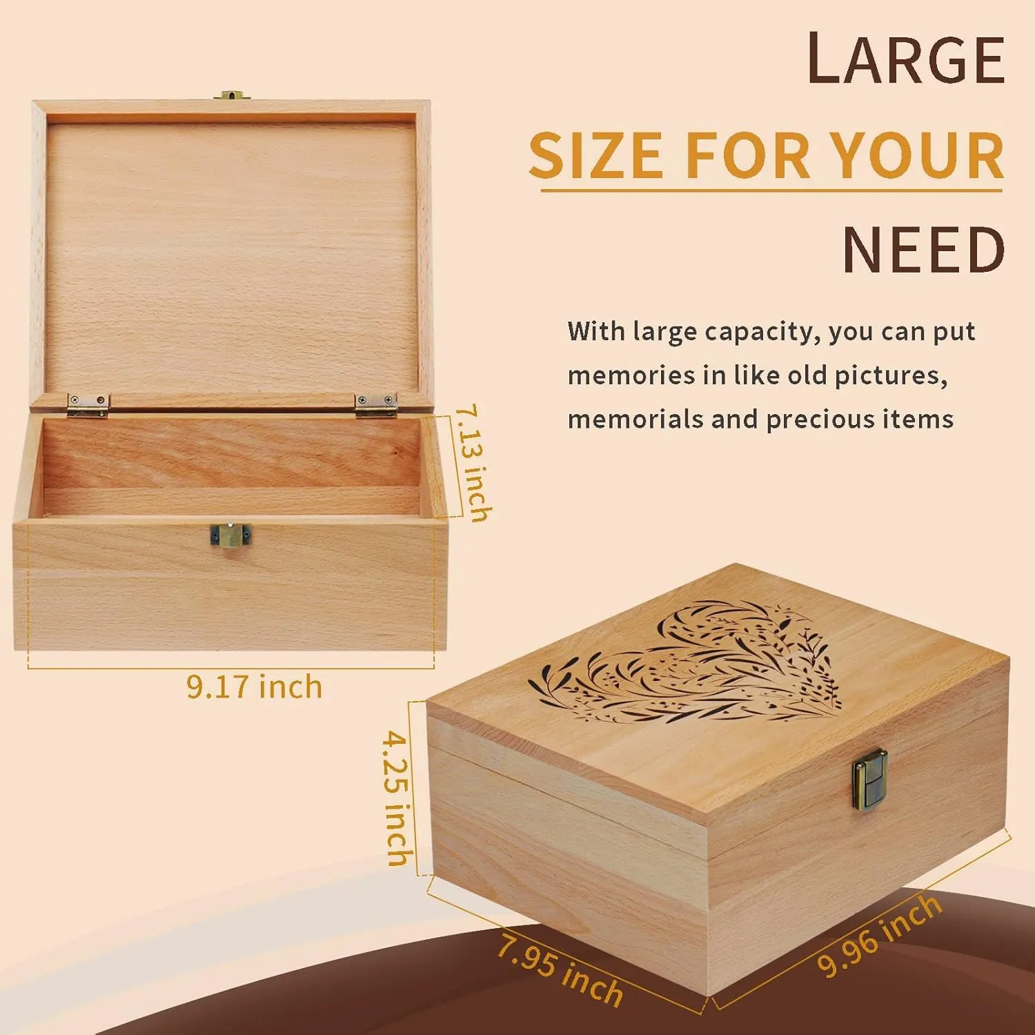 EXISTING Wooden Memory Keepsake Box, Floral Heart Engraved Large Keepsake Boxes with Lids, Memory Box Keepsakes Gift for Anniversary, Wedding, Memory, Birthday, Valentines Day, for Office or Home