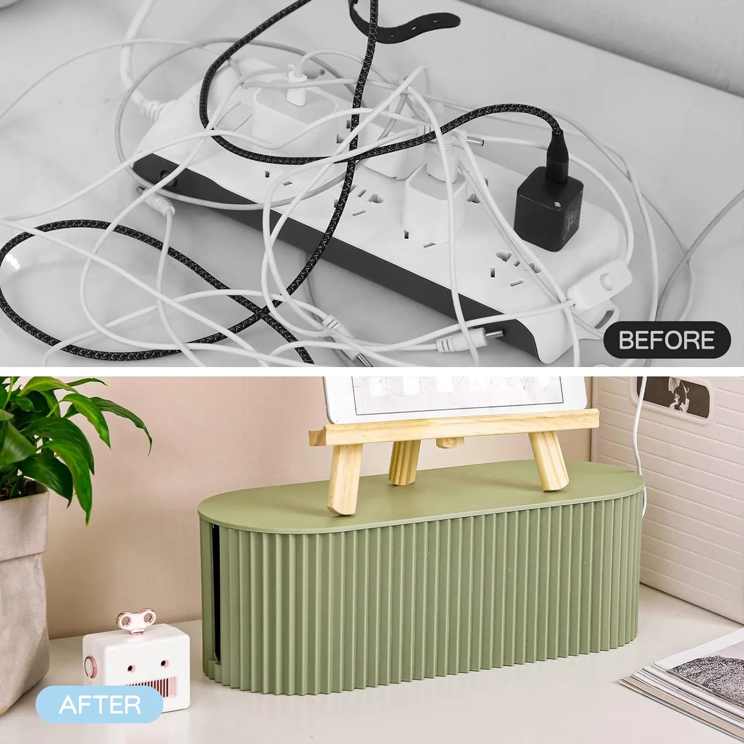 FABROK Cable Management Box with 10 Cable Ties, Cable Organizer Box for Power Strips, Surge Protectors, Chargers, Adapters, TV Computer Wires Cable Hider Organizer Box for Home/Office (Large/Green)