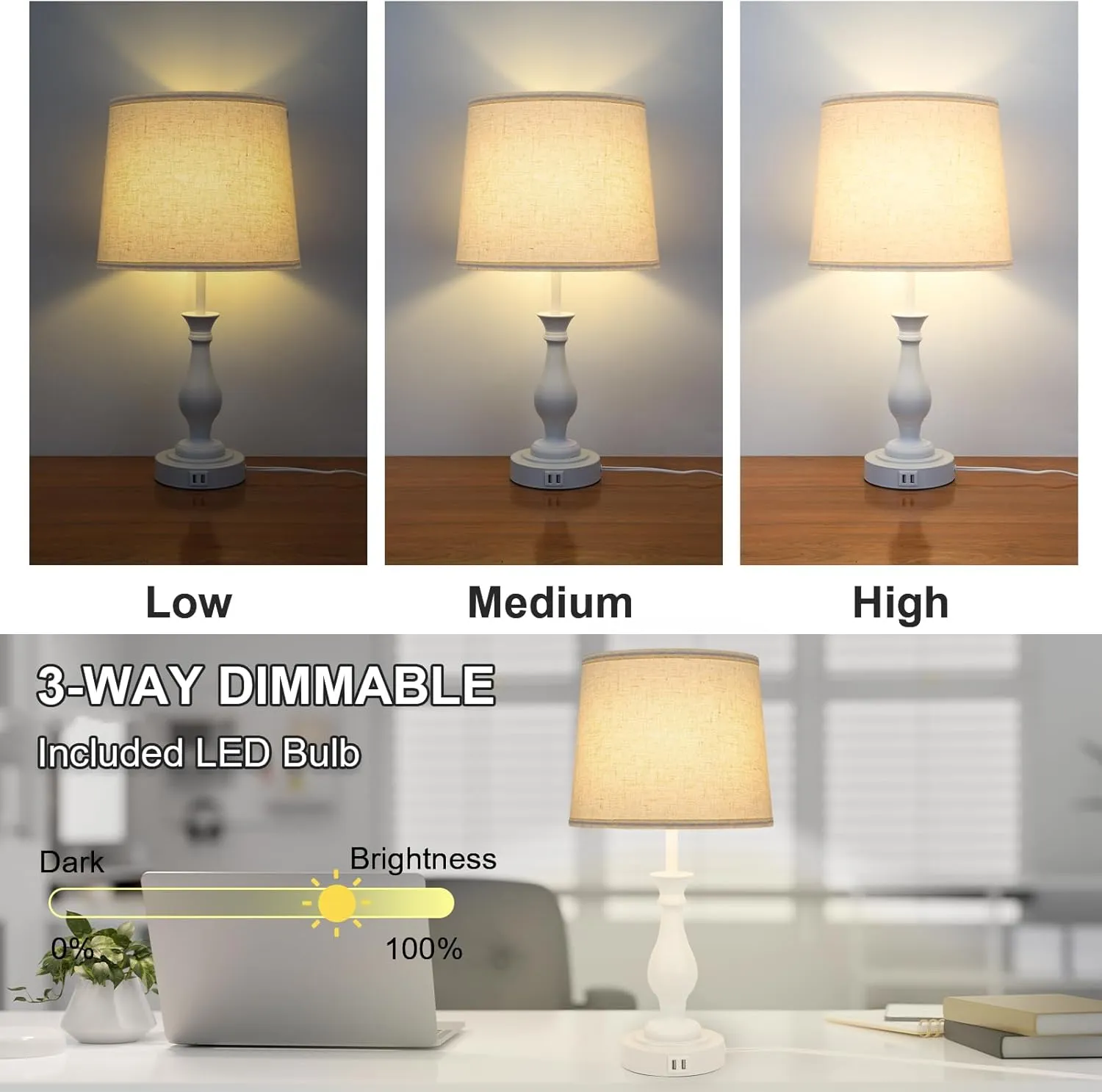 Farmhouse Table Lamp Touch Control 3-Way Dimmable Table Lamp, Modern Nightstand Lamp with 2 USB Port Bedside Desk Lamp with Fabric Shade for Living Room Bedroom Hotel (Pack 1-Off White)