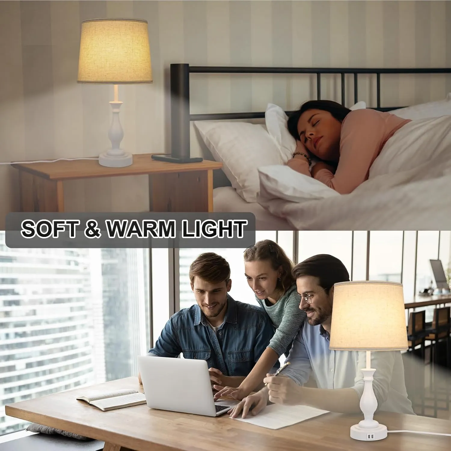 Farmhouse Table Lamp Touch Control 3-Way Dimmable Table Lamp, Modern Nightstand Lamp with 2 USB Port Bedside Desk Lamp with Fabric Shade for Living Room Bedroom Hotel (Pack 1-Off White)