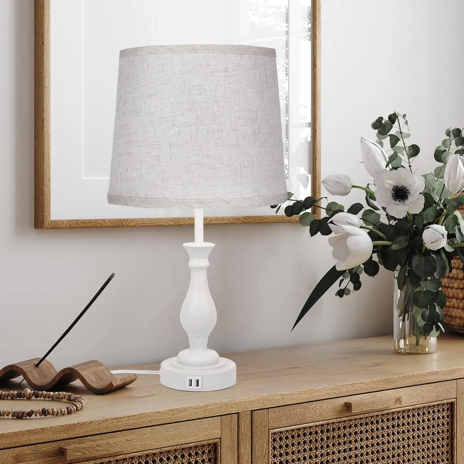 Farmhouse Table Lamp Touch Control 3-Way Dimmable Table Lamp, Modern Nightstand Lamp with 2 USB Port Bedside Desk Lamp with Fabric Shade for Living Room Bedroom Hotel (Pack 1-Off White)