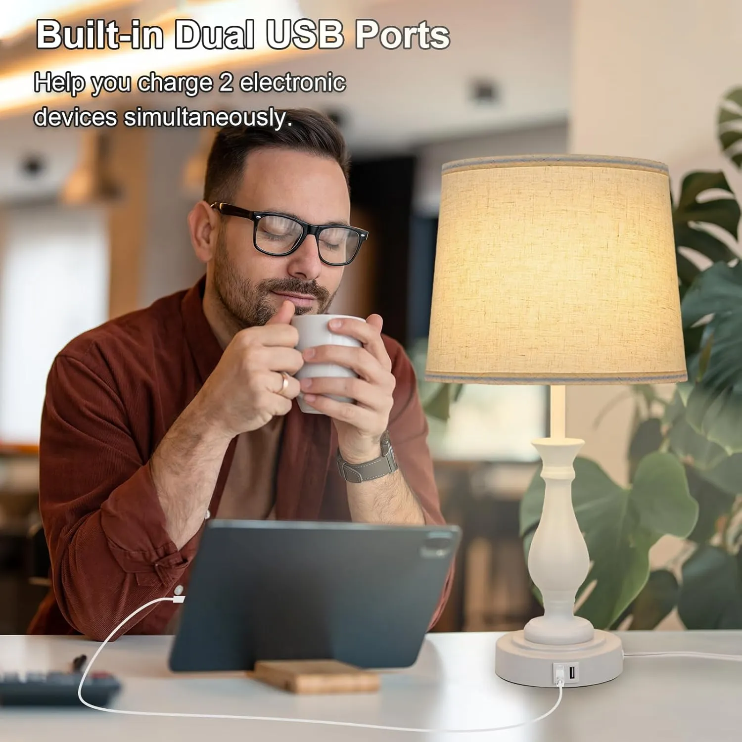 Farmhouse Table Lamp Touch Control 3-Way Dimmable Table Lamp, Modern Nightstand Lamp with 2 USB Port Bedside Desk Lamp with Fabric Shade for Living Room Bedroom Hotel (Pack 1-Off White)