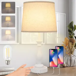 Farmhouse Table Lamp Touch Control 3-Way Dimmable Table Lamp, Modern Nightstand Lamp with 2 USB Port Bedside Desk Lamp with Fabric Shade for Living Room Bedroom Hotel (Pack 1-Off White)